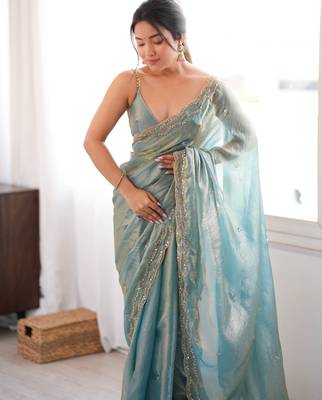 Sky tissue satin sequins saree with unstitched blouse piece. 2