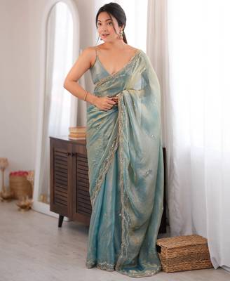 Sky tissue satin sequins saree with unstitched blouse piece. 3
