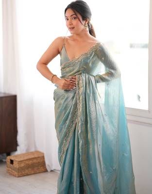 Sky tissue satin sequins saree with unstitched blouse piece. 4