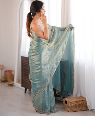 Sky tissue satin sequins saree with unstitched blouse piece. 5