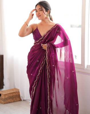 Wine tissue satin sequins saree with unstitched blouse piece. 1