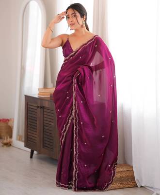 Wine tissue satin sequins saree with unstitched blouse piece. 2