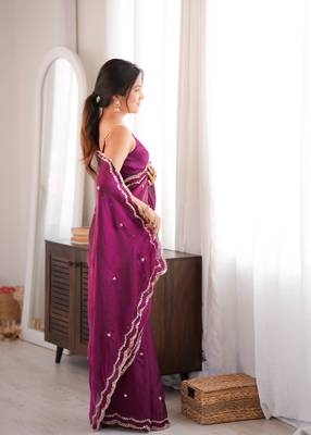 Wine tissue satin sequins saree with unstitched blouse piece. 4