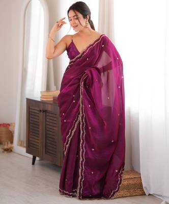 Wine tissue satin sequins saree with unstitched blouse piece. 5