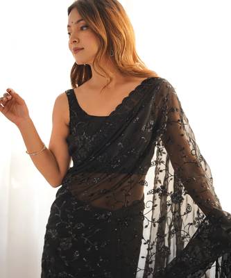 Black tissue satin sequins saree with unstitched blouse piece. 1