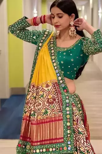 Green Mirror Navratri Lehenga Choli With Dupatta