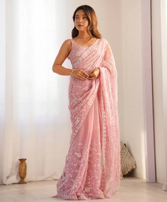 Onion tissue satin sequins saree with unstitched blouse piece. 4