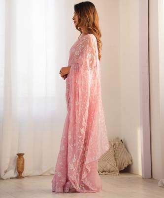Onion tissue satin sequins saree with unstitched blouse piece. 5