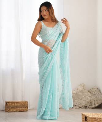 Sky blue tissue satin sequins saree with unstitched blouse piece. 2