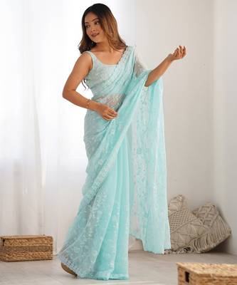 Sky blue tissue satin sequins saree with unstitched blouse piece. 5