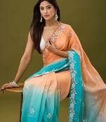 Orange & sky blue tissue satin embellished saree with unstitched blouse piece.