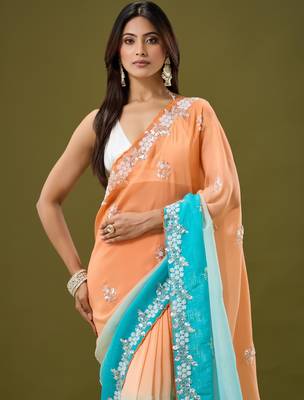 Orange & sky blue tissue satin embellished saree with unstitched blouse piece. 2