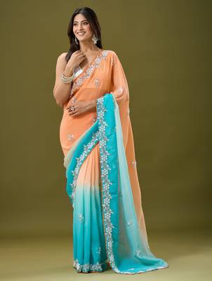 Orange & sky blue tissue satin embellished saree with unstitched blouse piece. 4