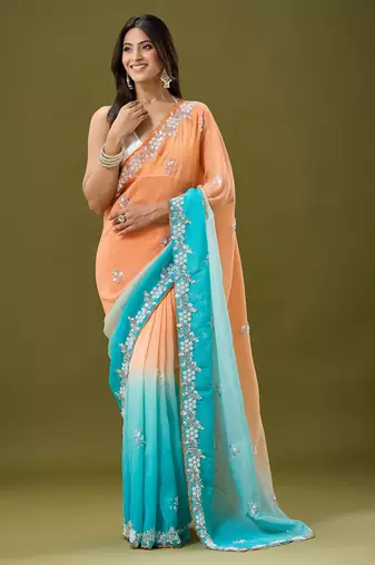 Orange & sky blue tissue satin embellished saree with unstitched blouse piece.