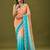 Orange & sky blue tissue satin embellished saree with unstitched blouse piece.