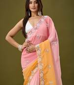 Orange & pink tissue satin embellished saree with unstitched blouse piece.