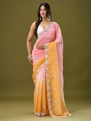 Orange & pink tissue satin embellished saree with unstitched blouse piece. 2