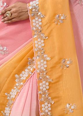 Orange & pink tissue satin embellished saree with unstitched blouse piece. 3
