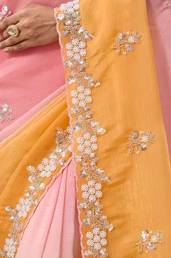 Orange & pink tissue satin embellished saree with unstitched blouse piece.