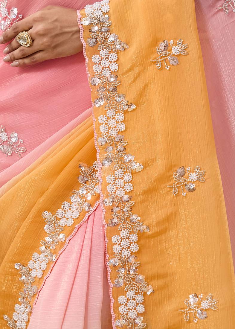 Orange & pink tissue satin embellished saree with unstitched blouse piece.
