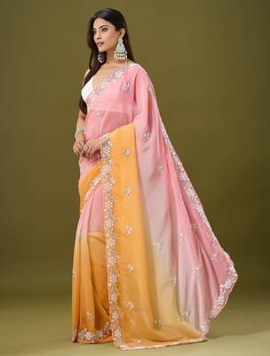 Orange & pink tissue satin embellished saree with unstitched blouse piece. 5
