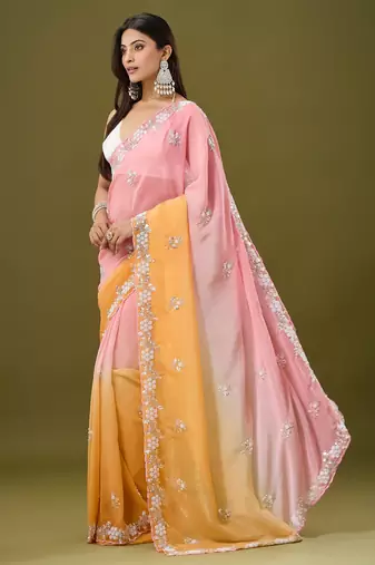Orange & pink tissue satin embellished saree with unstitched blouse piece.