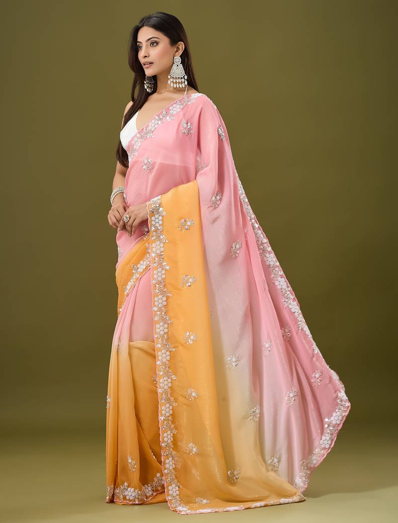 Orange & pink tissue satin embellished saree with unstitched blouse piece.