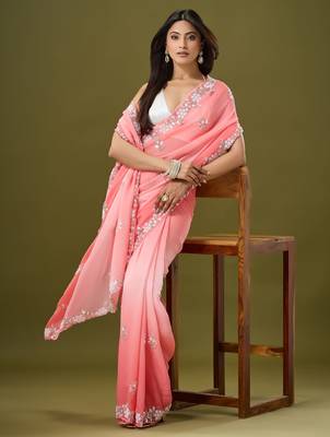 Peach tissue satin embellished saree with unstitched blouse piece. 2