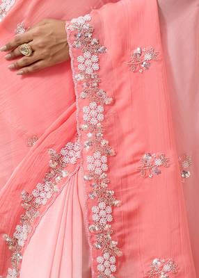 Peach tissue satin embellished saree with unstitched blouse piece. 3