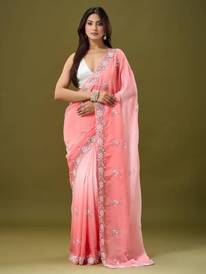 Peach tissue satin embellished saree with unstitched blouse piece. 4