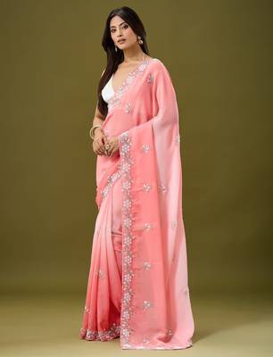 Peach tissue satin embellished saree with unstitched blouse piece. 5