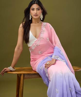 Pink & lavender tissue satin embellished saree with unstitched blouse piece. 1
