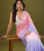 Pink & lavender tissue satin embellished saree with unstitched blouse piece.