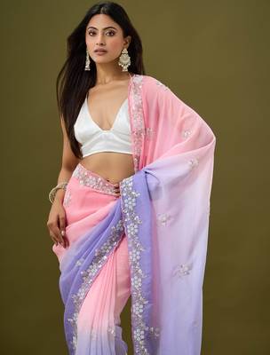 Pink & lavender tissue satin embellished saree with unstitched blouse piece. 2