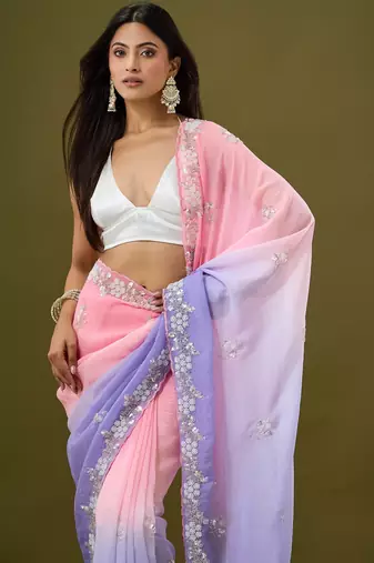 Pink & lavender tissue satin embellished saree with unstitched blouse piece.