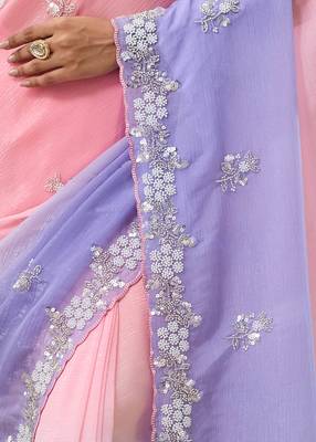 Pink & lavender tissue satin embellished saree with unstitched blouse piece. 3