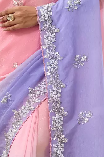 Pink & lavender tissue satin embellished saree with unstitched blouse piece.