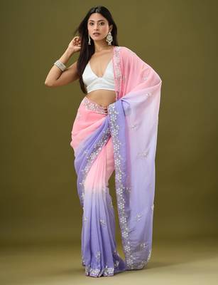 Pink & lavender tissue satin embellished saree with unstitched blouse piece. 4