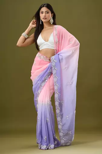 Pink & lavender tissue satin embellished saree with unstitched blouse piece.