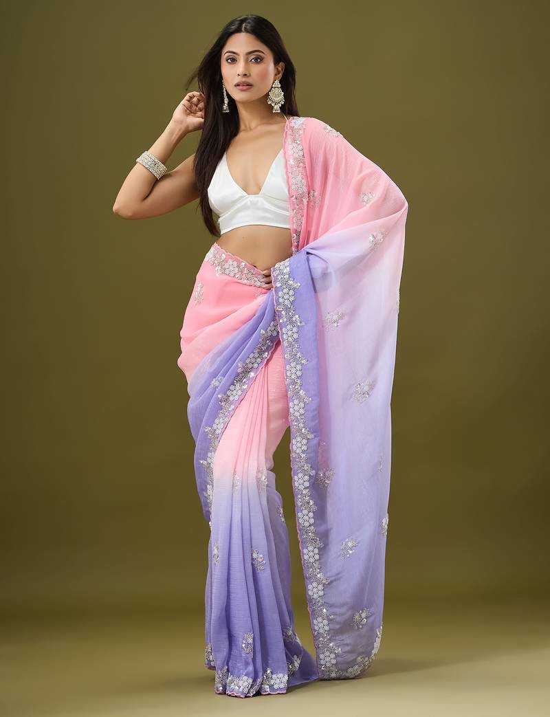 Pink & lavender tissue satin embellished saree with unstitched blouse piece.