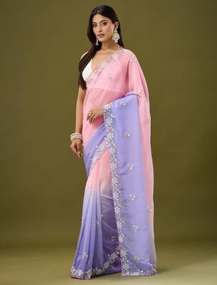 Pink & lavender tissue satin embellished saree with unstitched blouse piece. 5