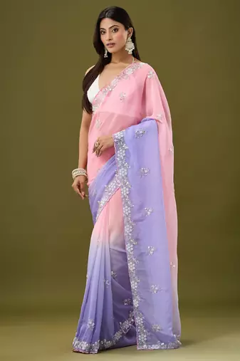 Pink & lavender tissue satin embellished saree with unstitched blouse piece.