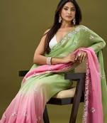 Pink & green tissue satin embellished saree with unstitched blouse piece.