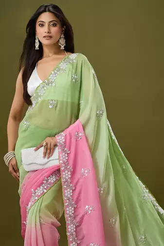 Pink & green tissue satin embellished saree with unstitched blouse piece.