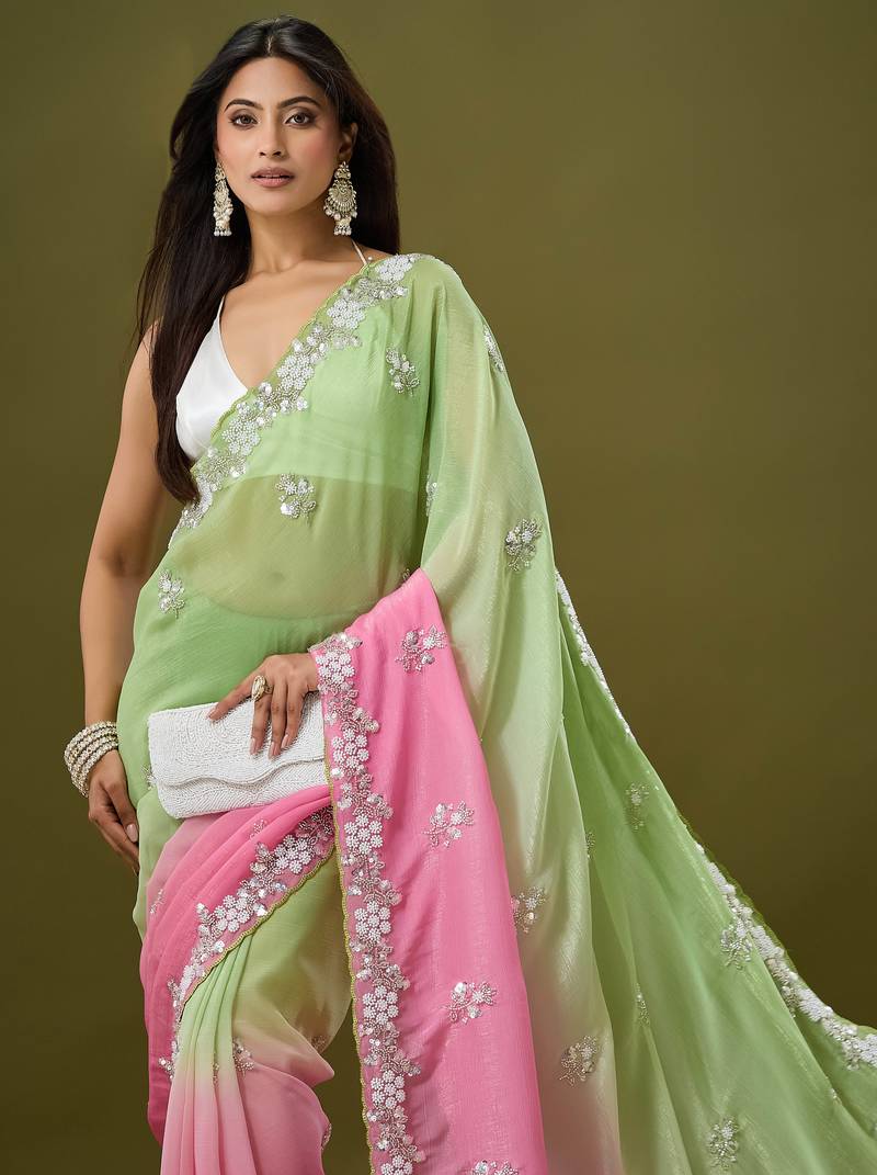 Pink & green tissue satin embellished saree with unstitched blouse piece.