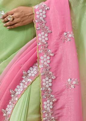 Pink & green tissue satin embellished saree with unstitched blouse piece. 3