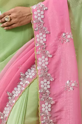 Pink & green tissue satin embellished saree with unstitched blouse piece.