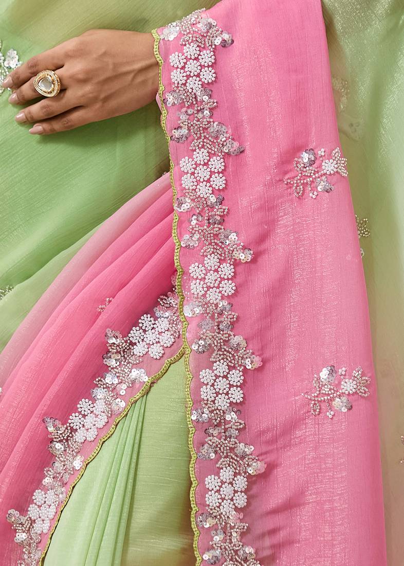 Pink & green tissue satin embellished saree with unstitched blouse piece.
