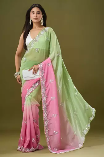 Pink & green tissue satin embellished saree with unstitched blouse piece.