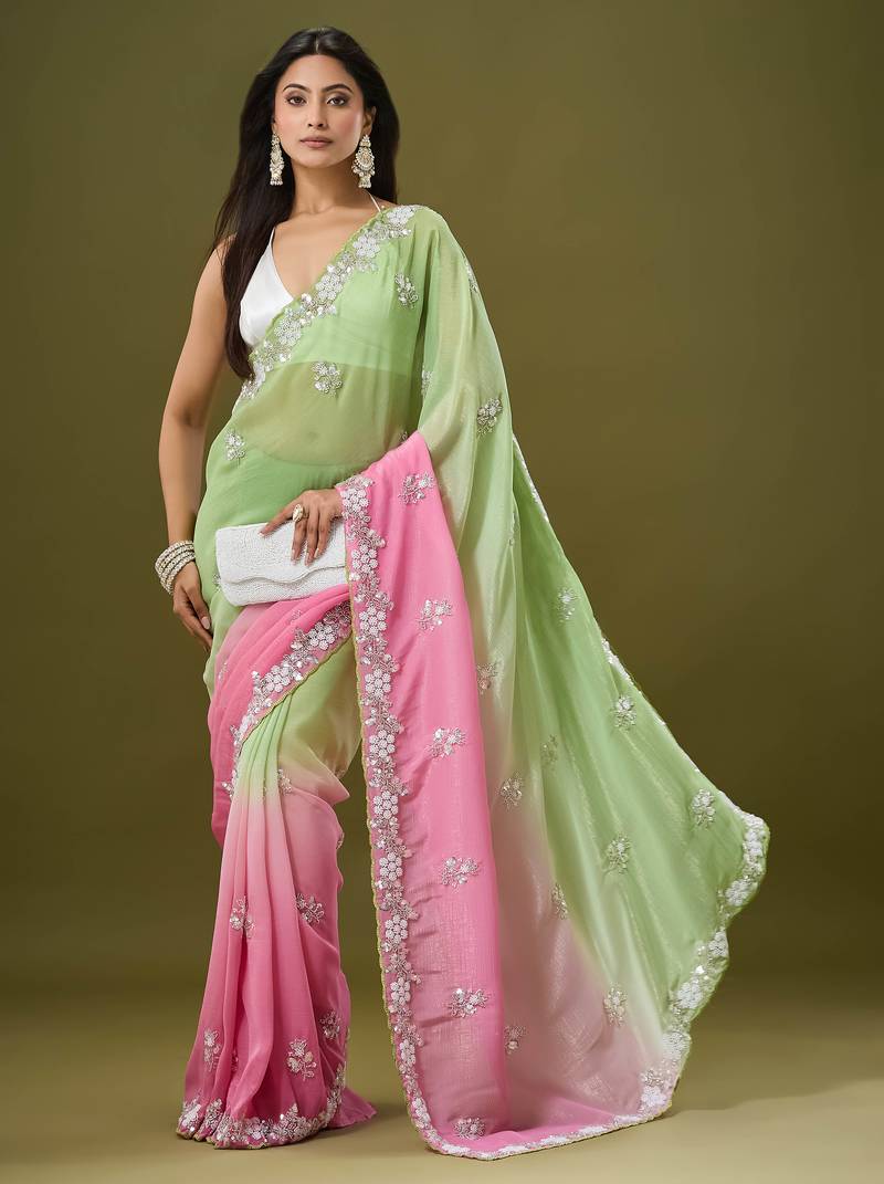 Pink & green tissue satin embellished saree with unstitched blouse piece.